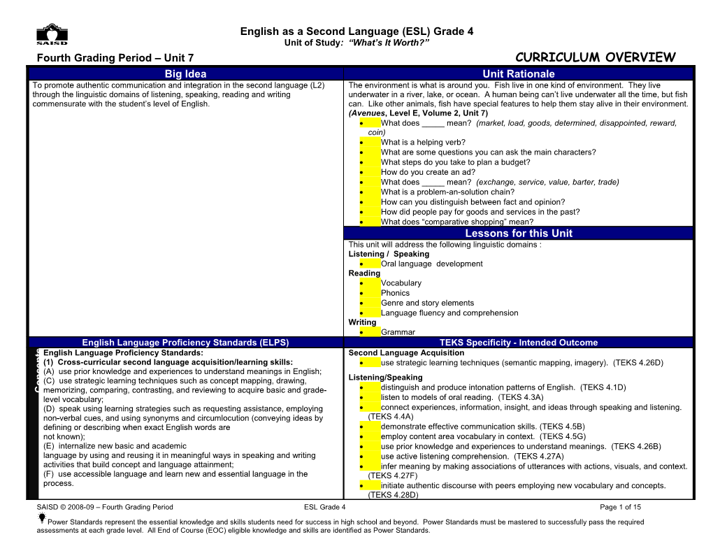 English As A Second Language (ESL) Grade 4