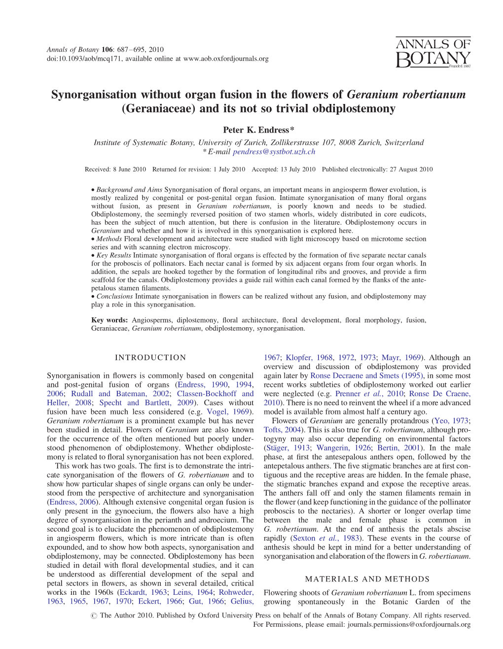 Synorganisation Without Organ Fusion in the Flowers of Geranium