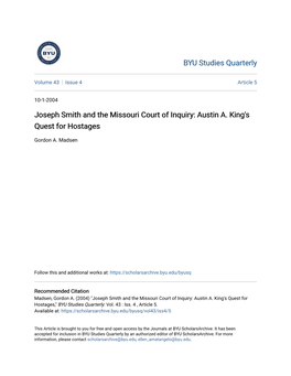 Joseph Smith and the Missouri Court of Inquiry: Austin A. King's Quest for Hostages
