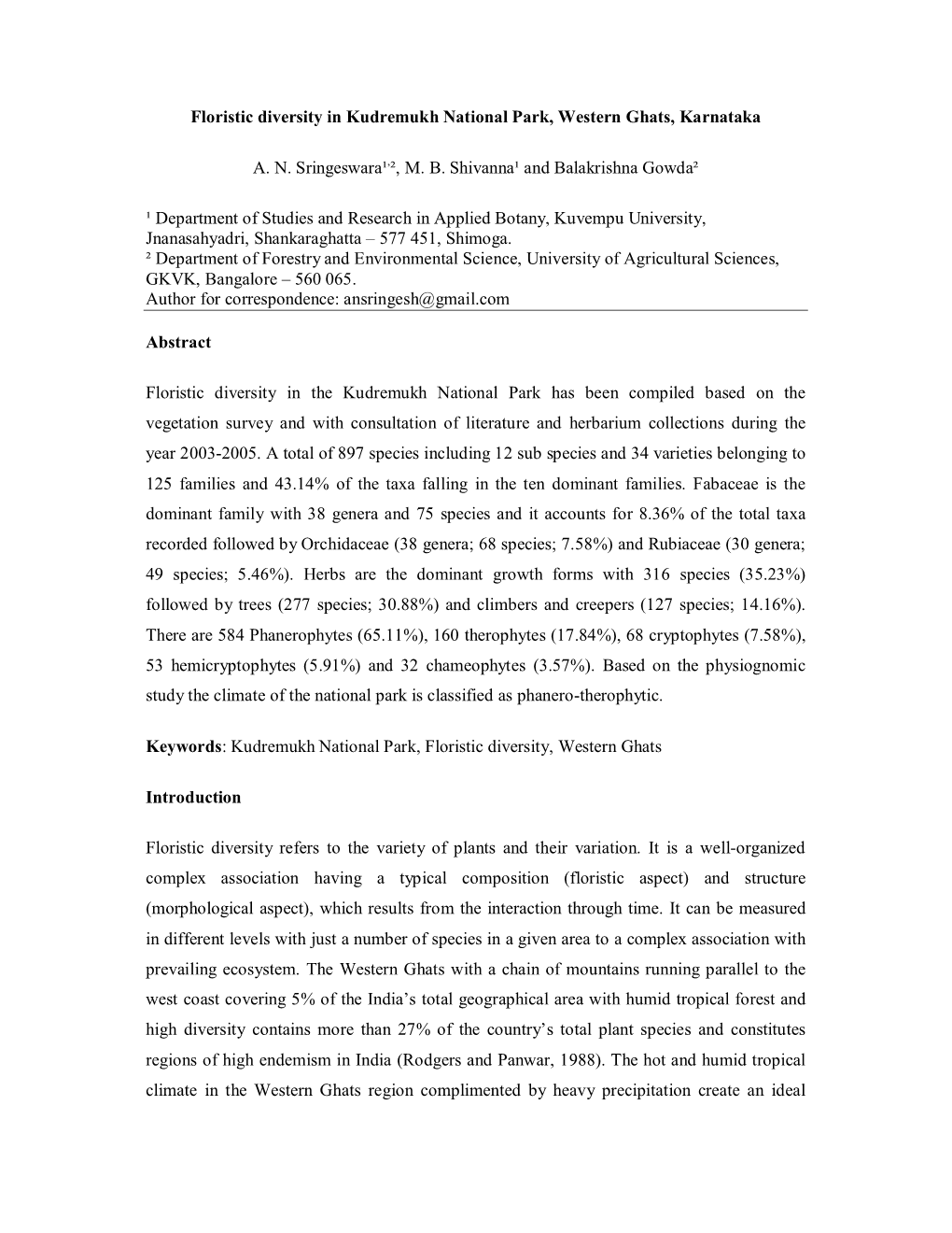 Floristic Diversity in Kudremukh National Park, Western Ghats, Karnataka