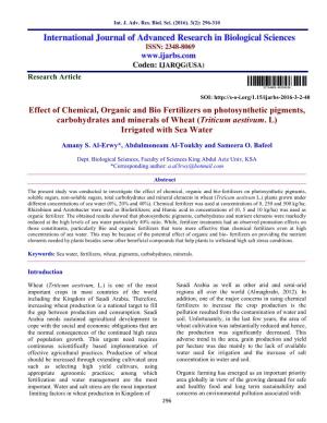 Effect of Chemical, Organic and Bio Fertilizers on Photosynthetic Pigments, Carbohydrates and Minerals of Wheat (Triticum Aestivum