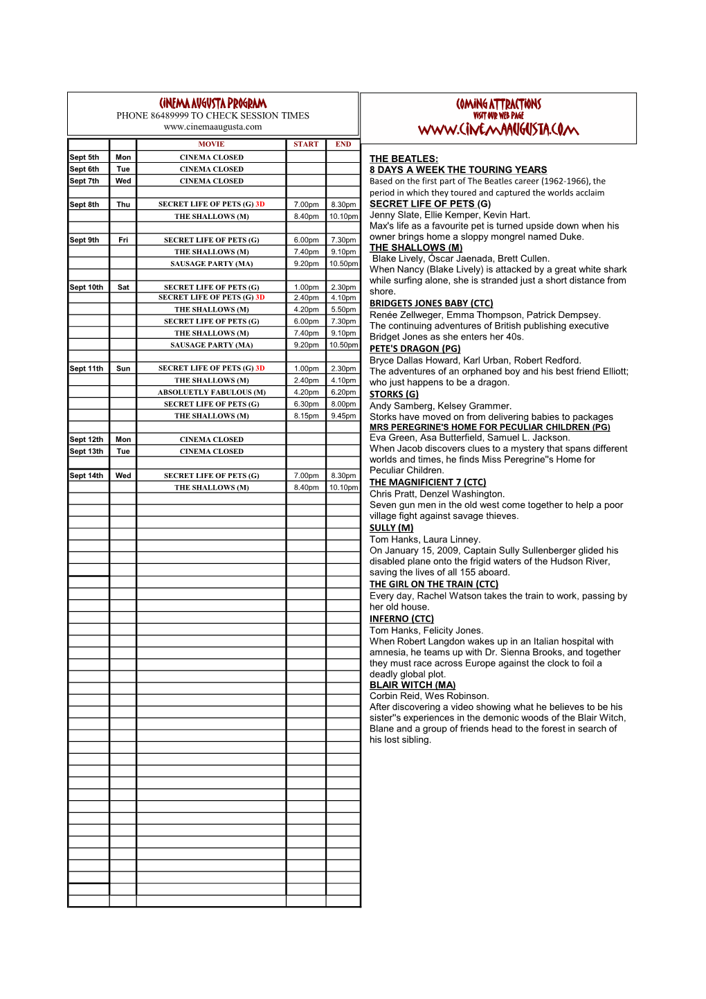 PROGRAM CINEMA AUGUSTA 8TH SEPT -2016.Xlsx