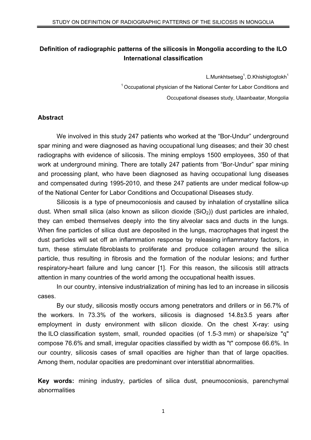 Study on Definition of Radiographic Patterns of the Silicosis in Mongolia