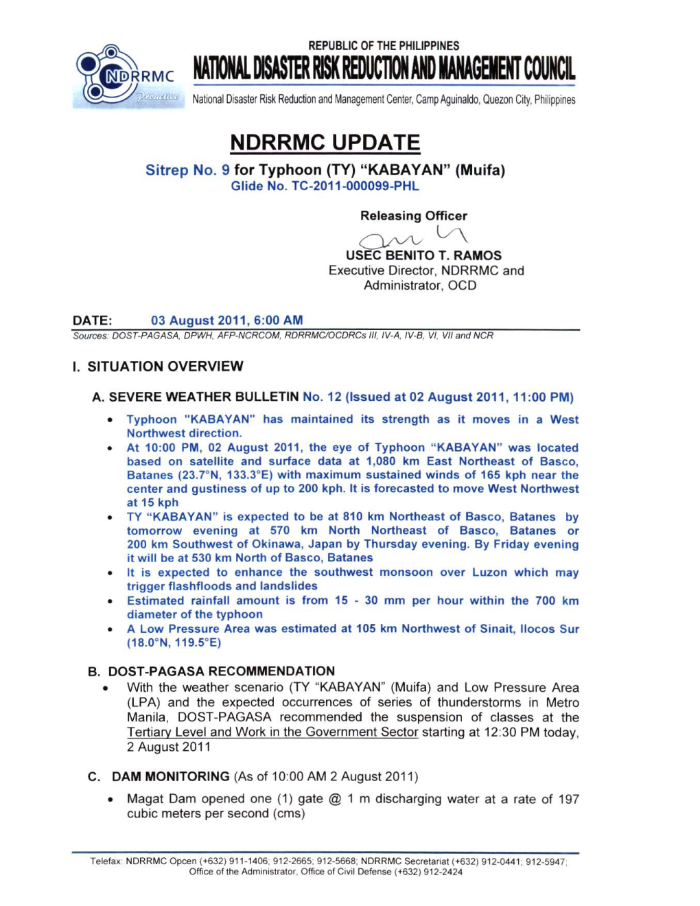 NDRRMC Update for Sitrep No 9 for TY KABAYAN 3 Aug 2011