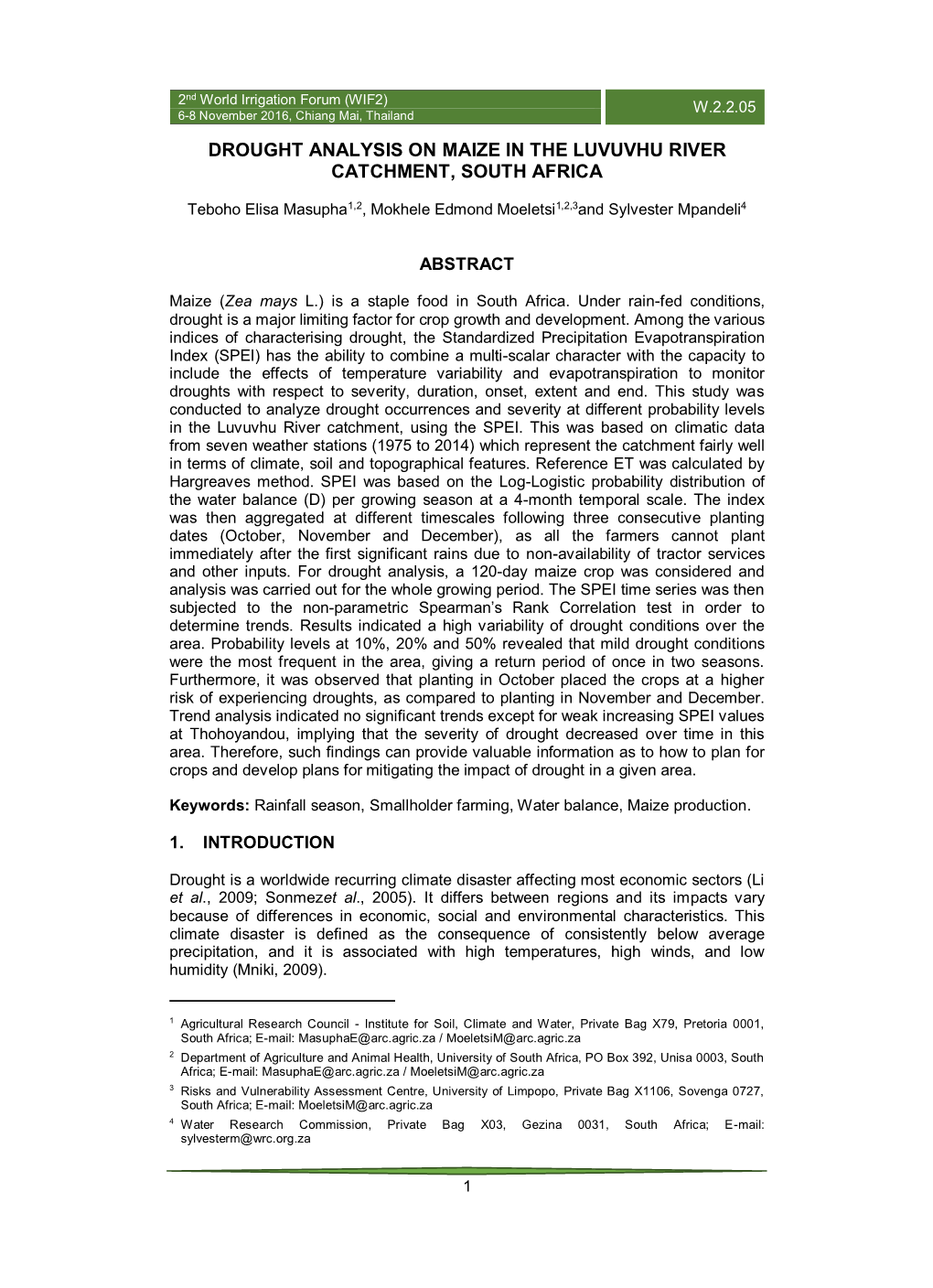 Drought Analysis on Maize in the Luvuvhu River Catchment, South Africa