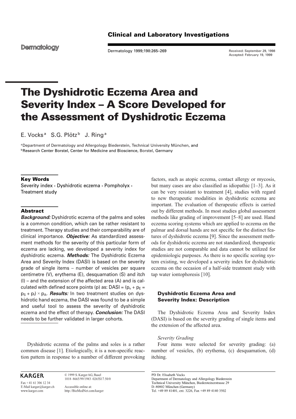 The Dyshidrotic Eczema Area and Severity Index – a Score Developed for ...