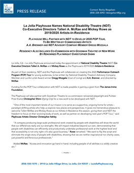 La Jolla Playhouse Names National Disability Theatre (NDT) Co-Executive Directors Talleri A