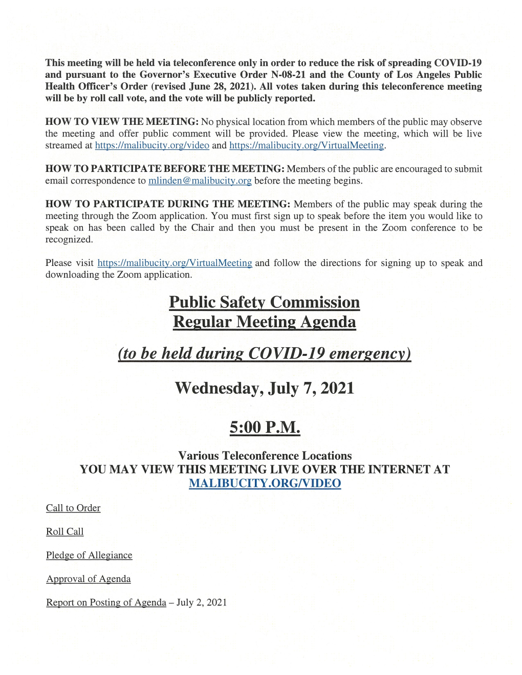 Public Safety Commission Regular Meeting Agenda (To Be Held During COVID-19 Emergency) Wednesday, July 7, 2021