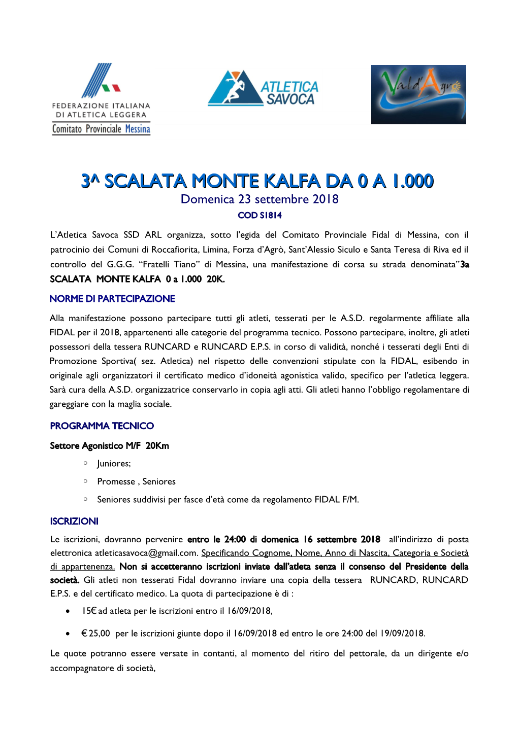 3^ SCALATA MONTE KALFA DA 0 a 1.000 Domenica 23 Settembre 2018 COD S1814
