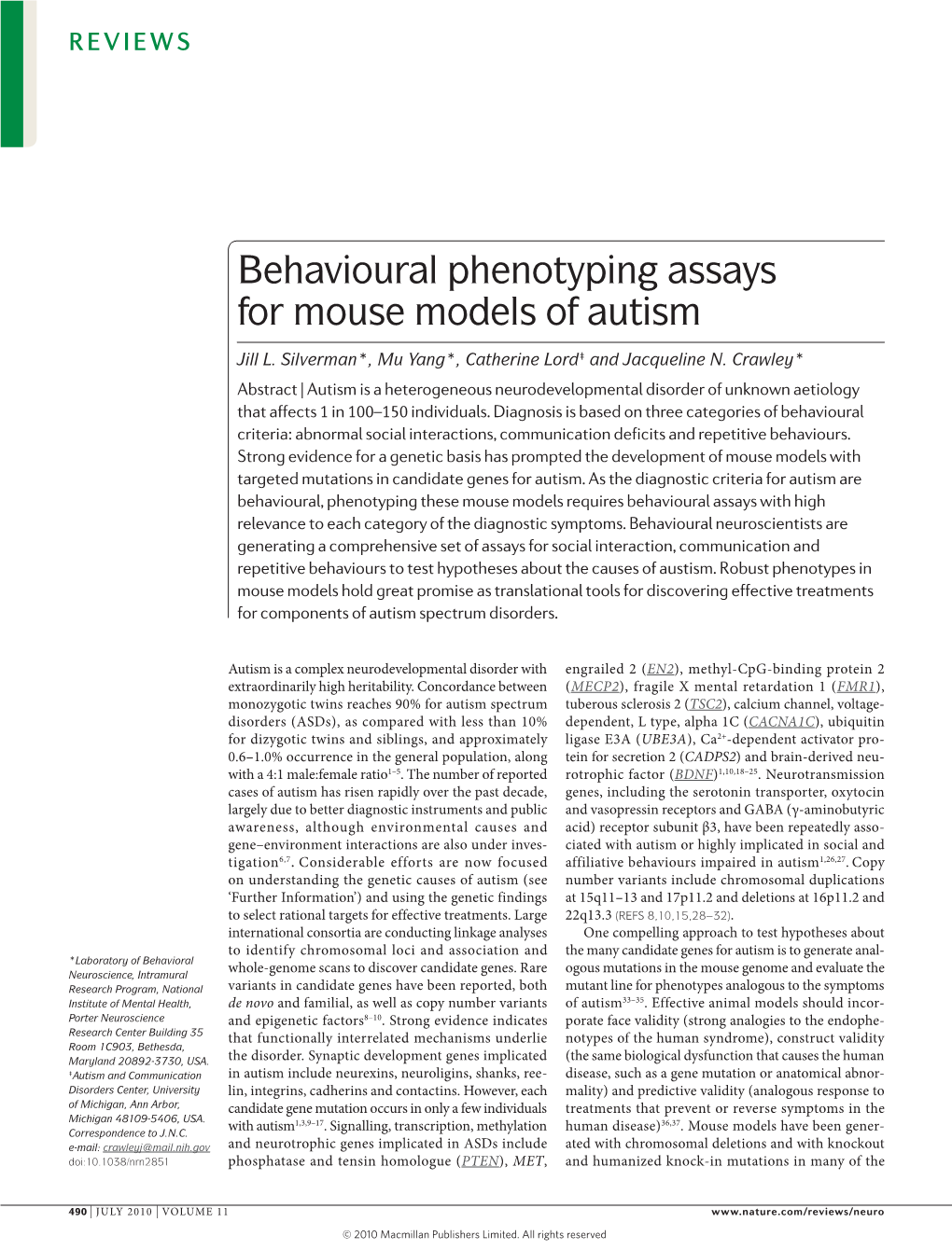 Behavioural Phenotyping Assays for Mouse Models of Autism