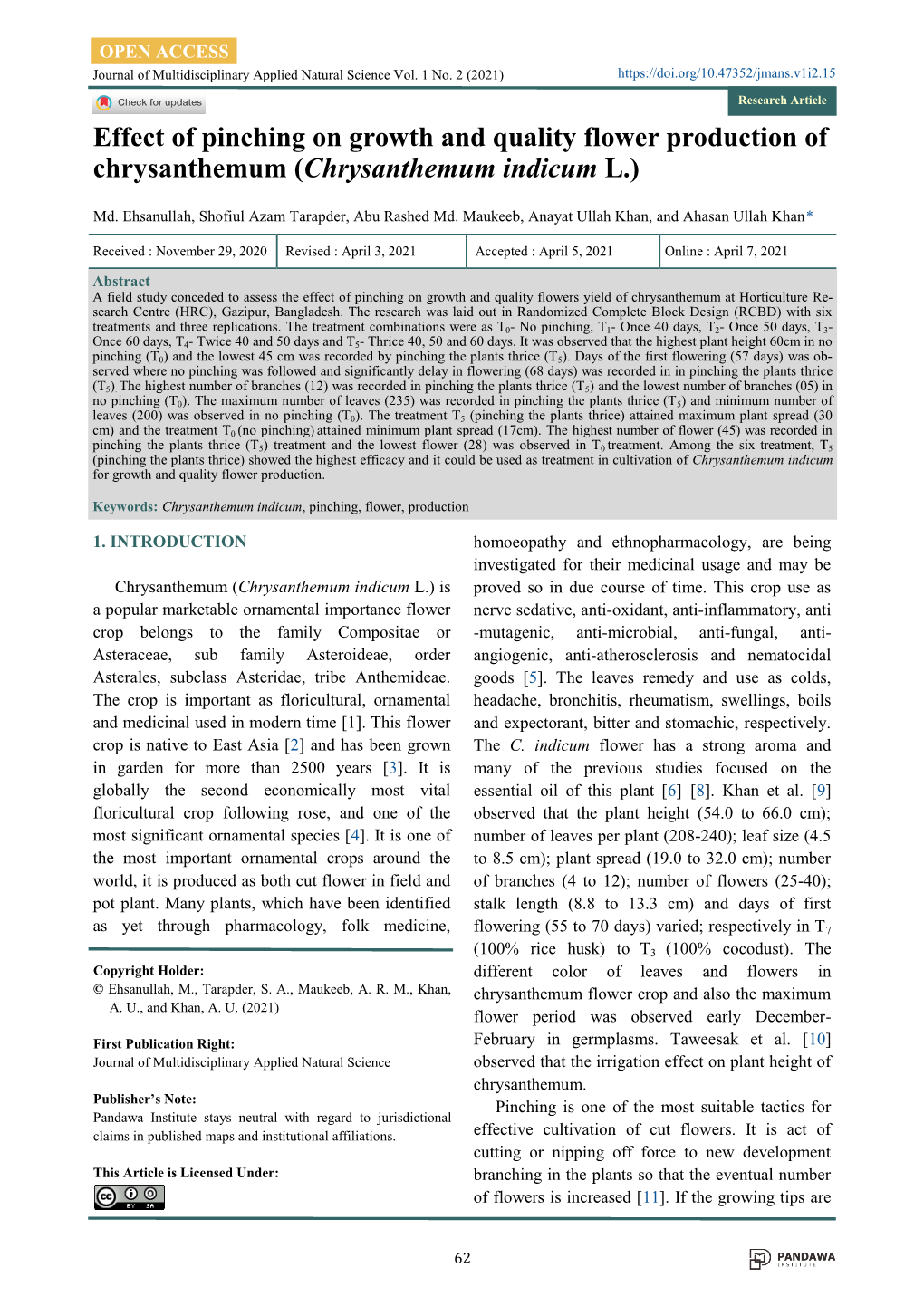 Effect of Pinching on Growth and Quality Flower Production of Chrysanthemum (Chrysanthemum Indicum L.)