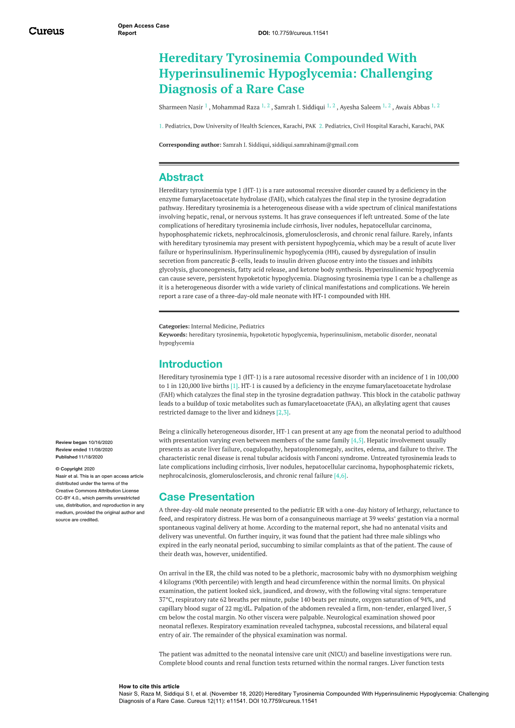 Hereditary Tyrosinemia Compounded with Hyperinsulinemic Hypoglycemia: Challenging Diagnosis of a Rare Case