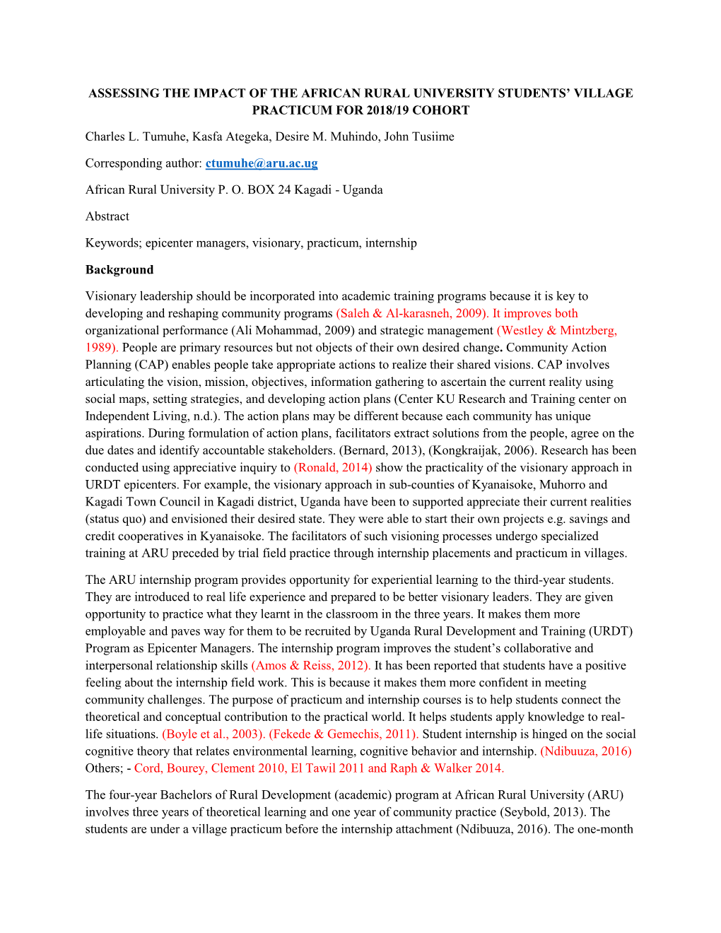 Assessing the Impact of the African Rural University Students’ Village Practicum for 2018/19 Cohort