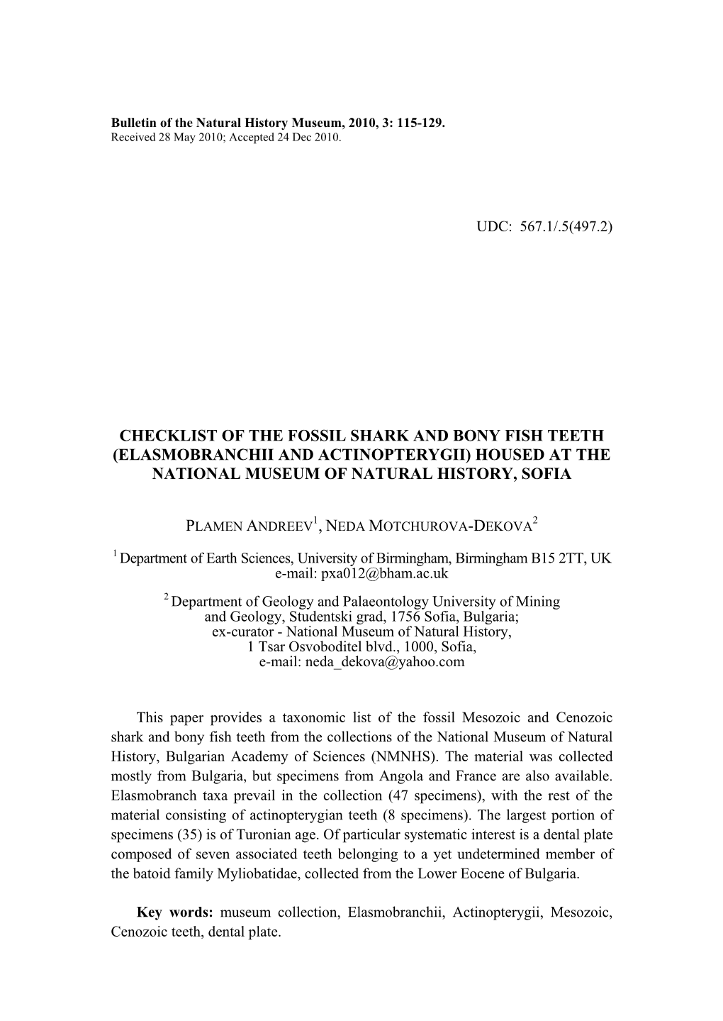 Checklist of the Fossil Shark and Bony Fish Teeth (Elasmobranchii and Actinopterygii) Housed at the National Museum of Natural History, Sofia