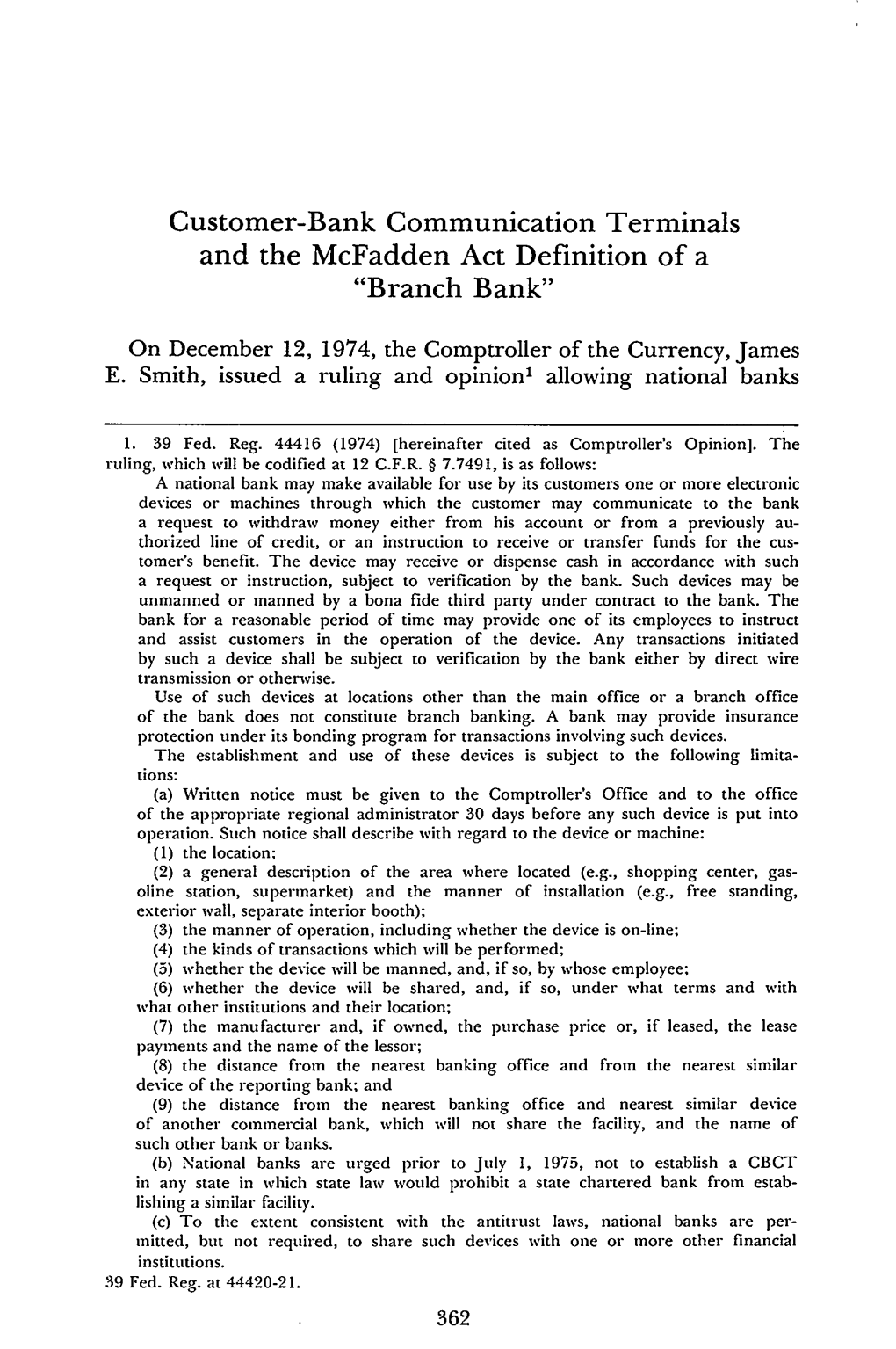 Customer-Bank Communication Terminals and the Mcfadden Act Definition of a "Branch Bank"