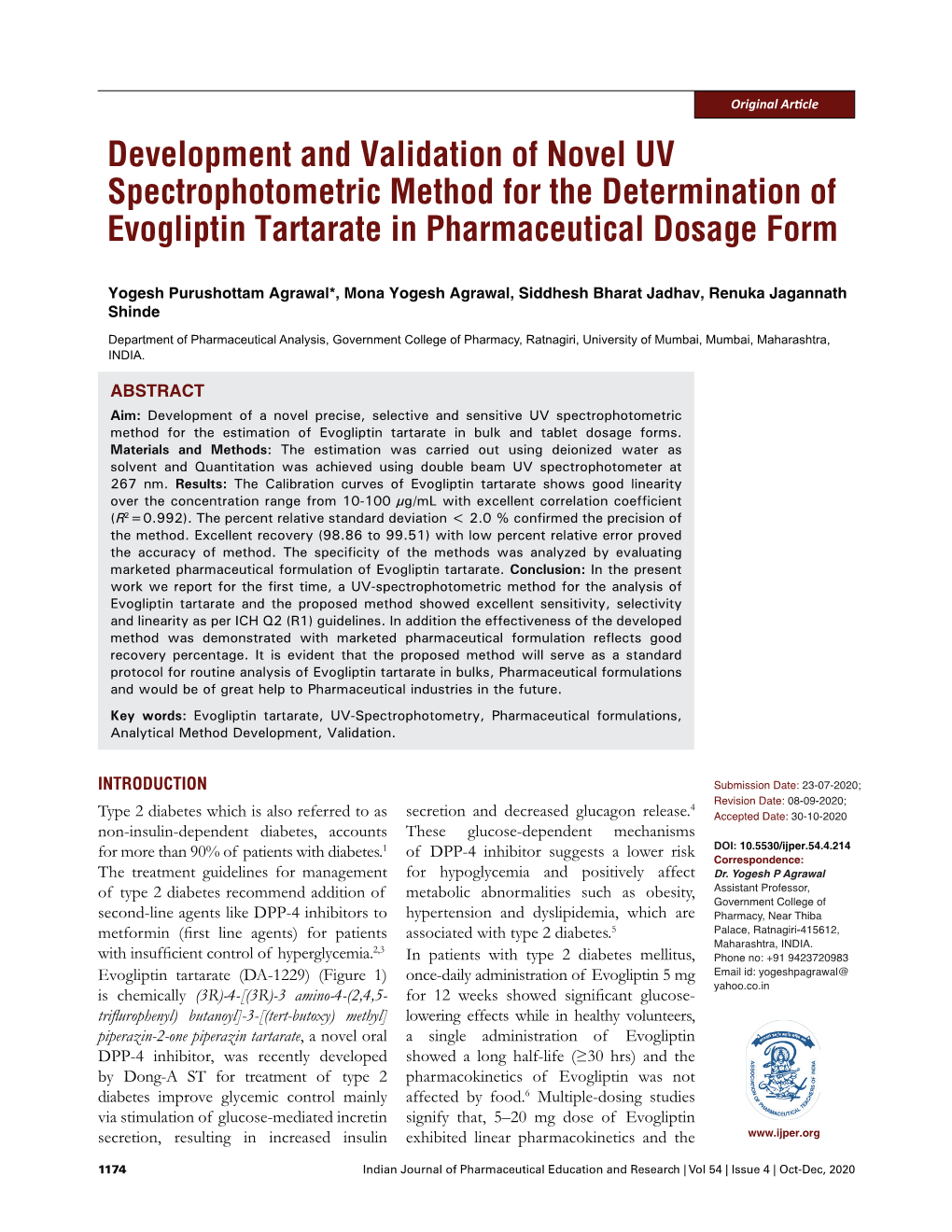 Development and Validation of Novel UV Spectrophotometric Method for the Determination of Evogliptin Tartarate in Pharmaceutical Dosage Form