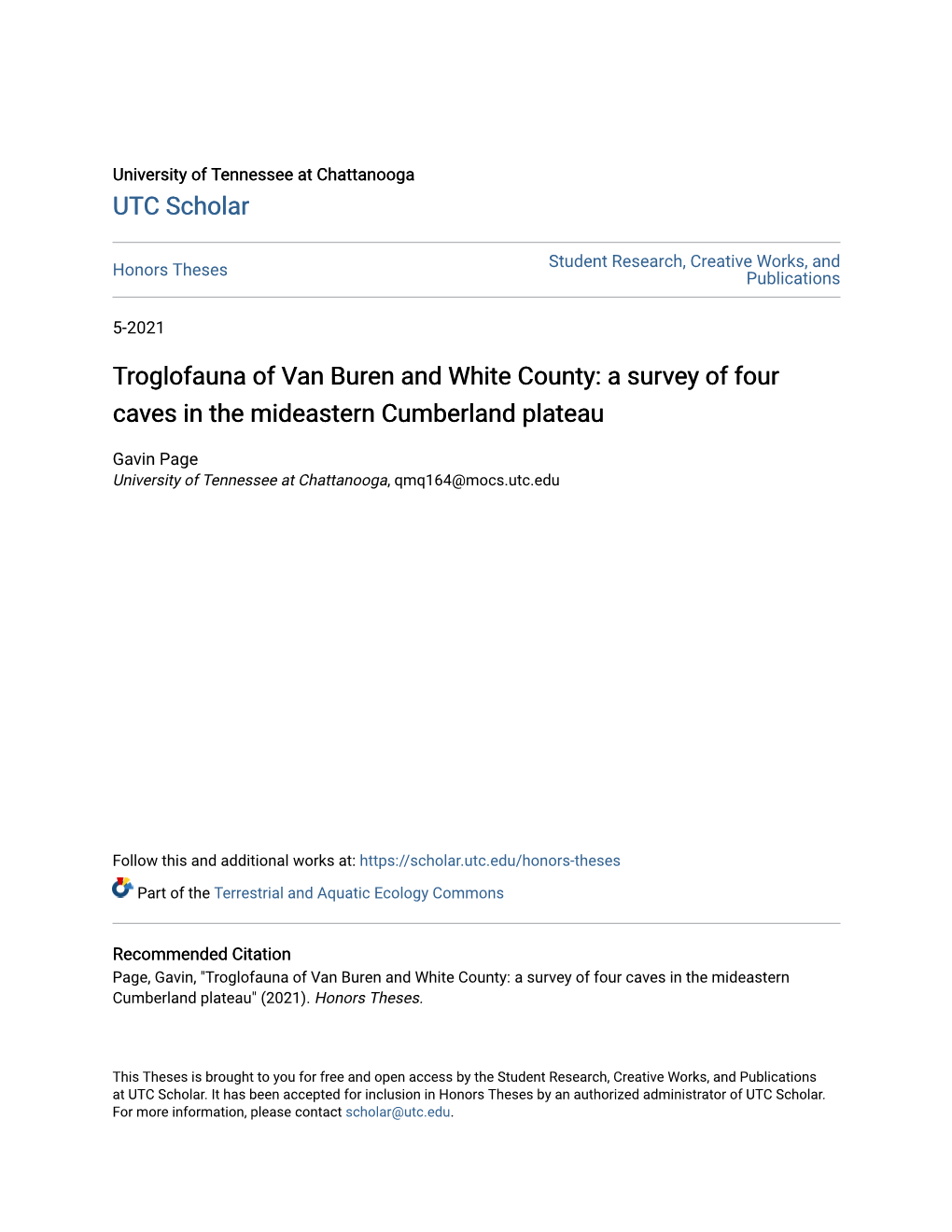 Troglofauna of Van Buren and White County: a Survey of Four Caves in the Mideastern Cumberland Plateau