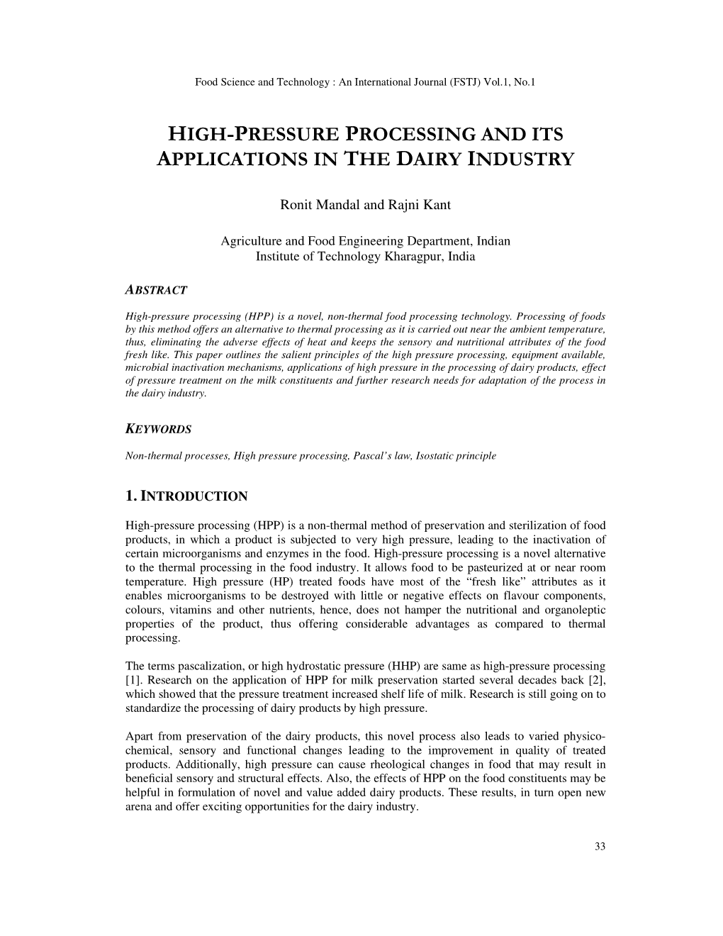High-Pressure Processing and Its Applications in The