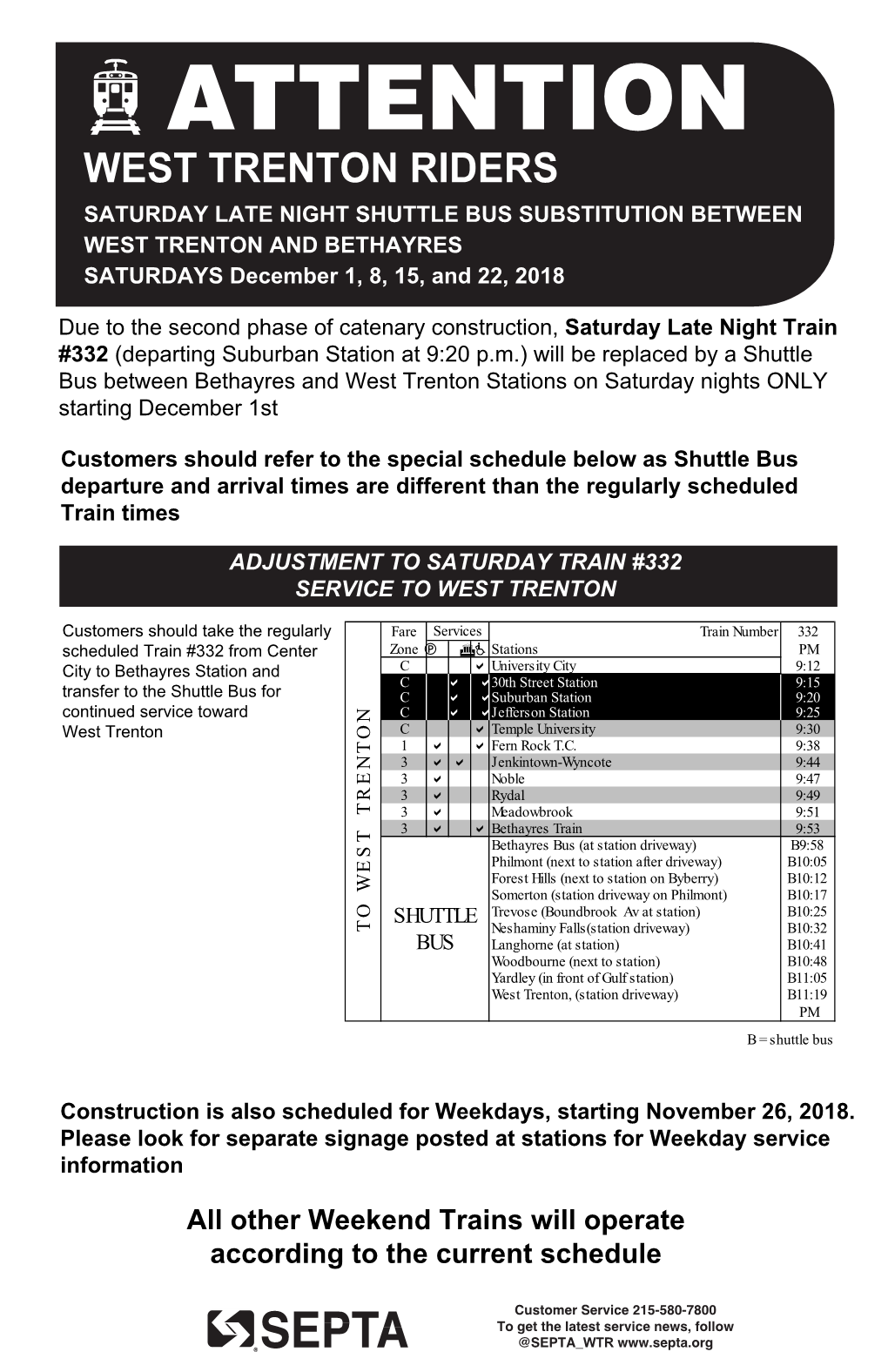 West Trenton Late Night Saturday Timetable, Train #332