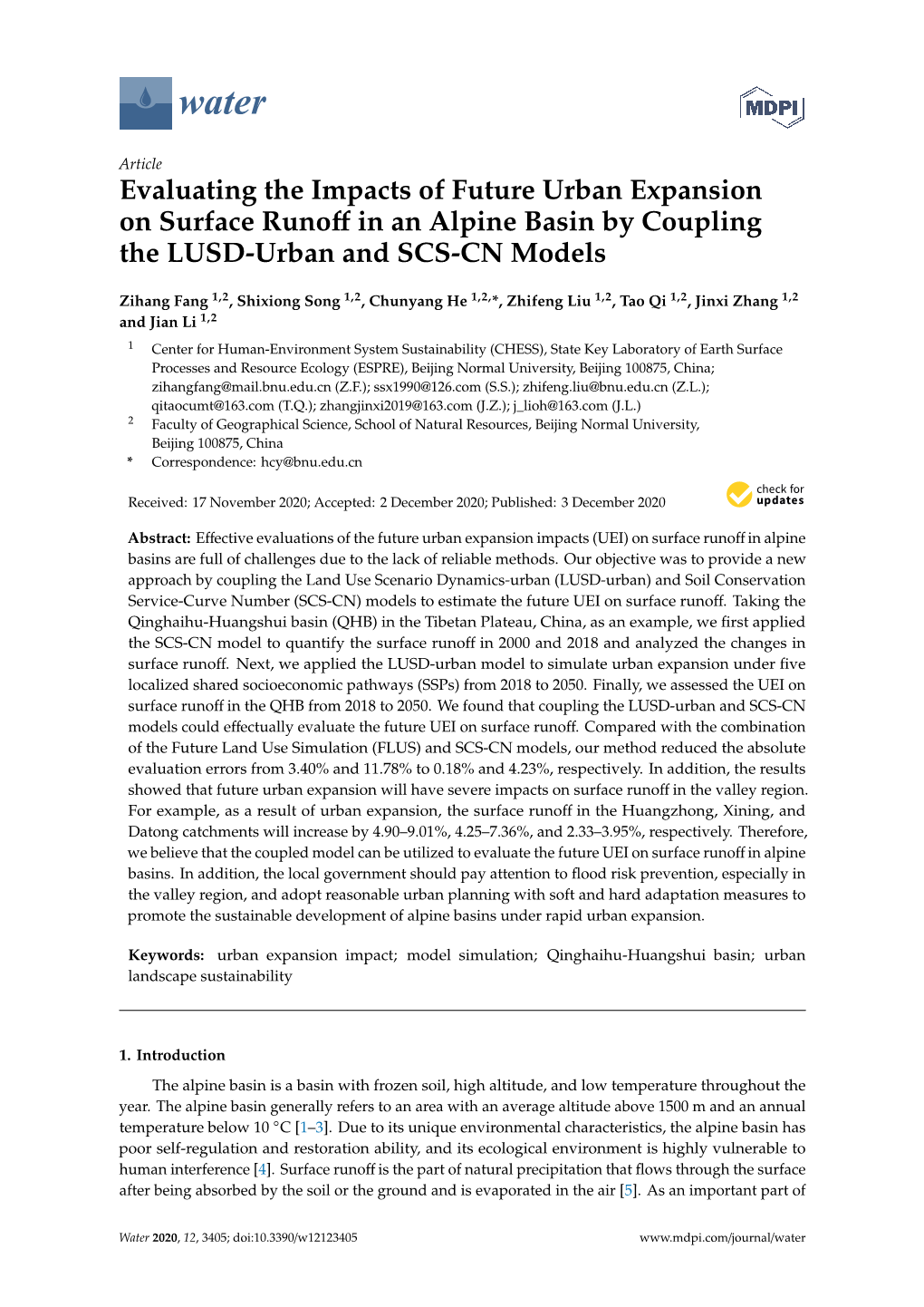 Evaluating the Impacts of Future Urban Expansion on Surface Runoﬀ in an Alpine Basin by Coupling the LUSD-Urban and SCS-CN Models