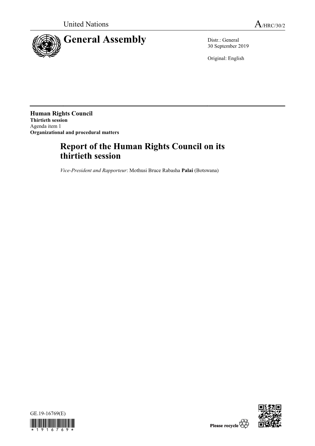 Report of the Human Rights Council on Its Thirtieth Session