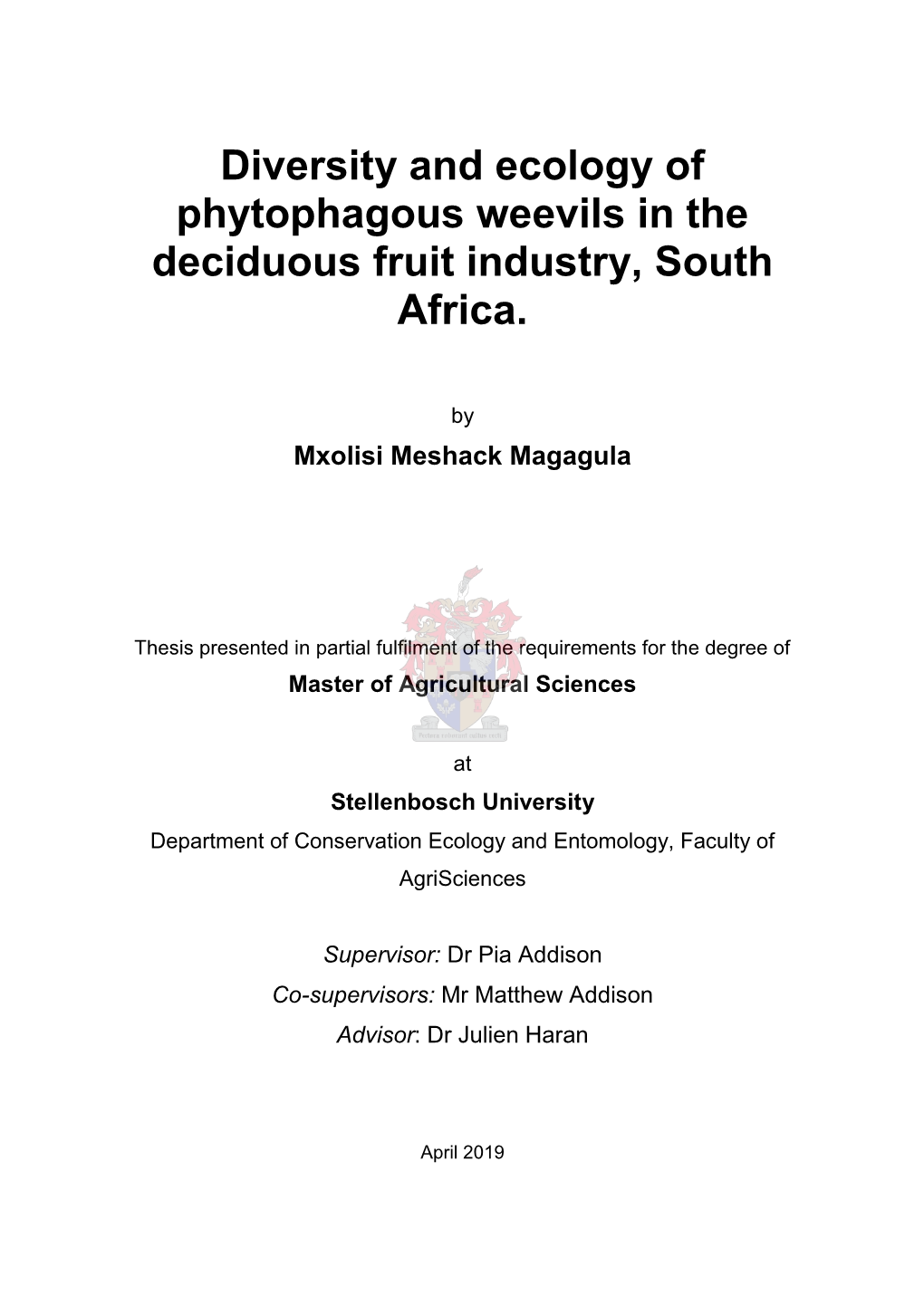 Diversity and Ecology of Phytophagous Weevils in the Deciduous Fruit Industry, South Africa