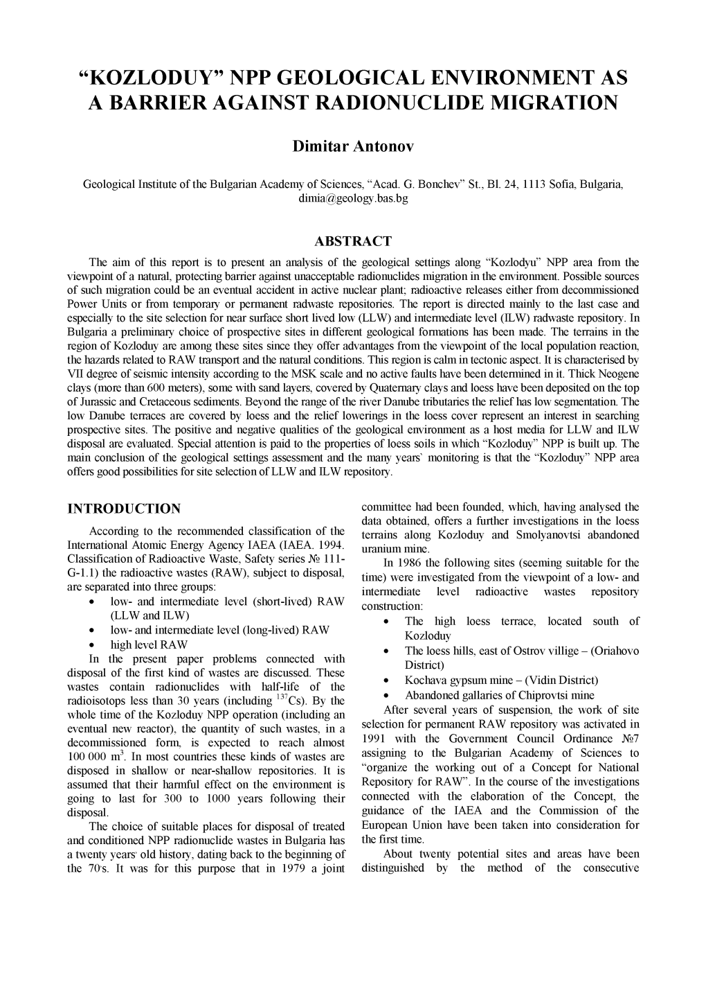 “Kozloduy” Npp Geological Environment As a Barrier Against Radionuclide Migration