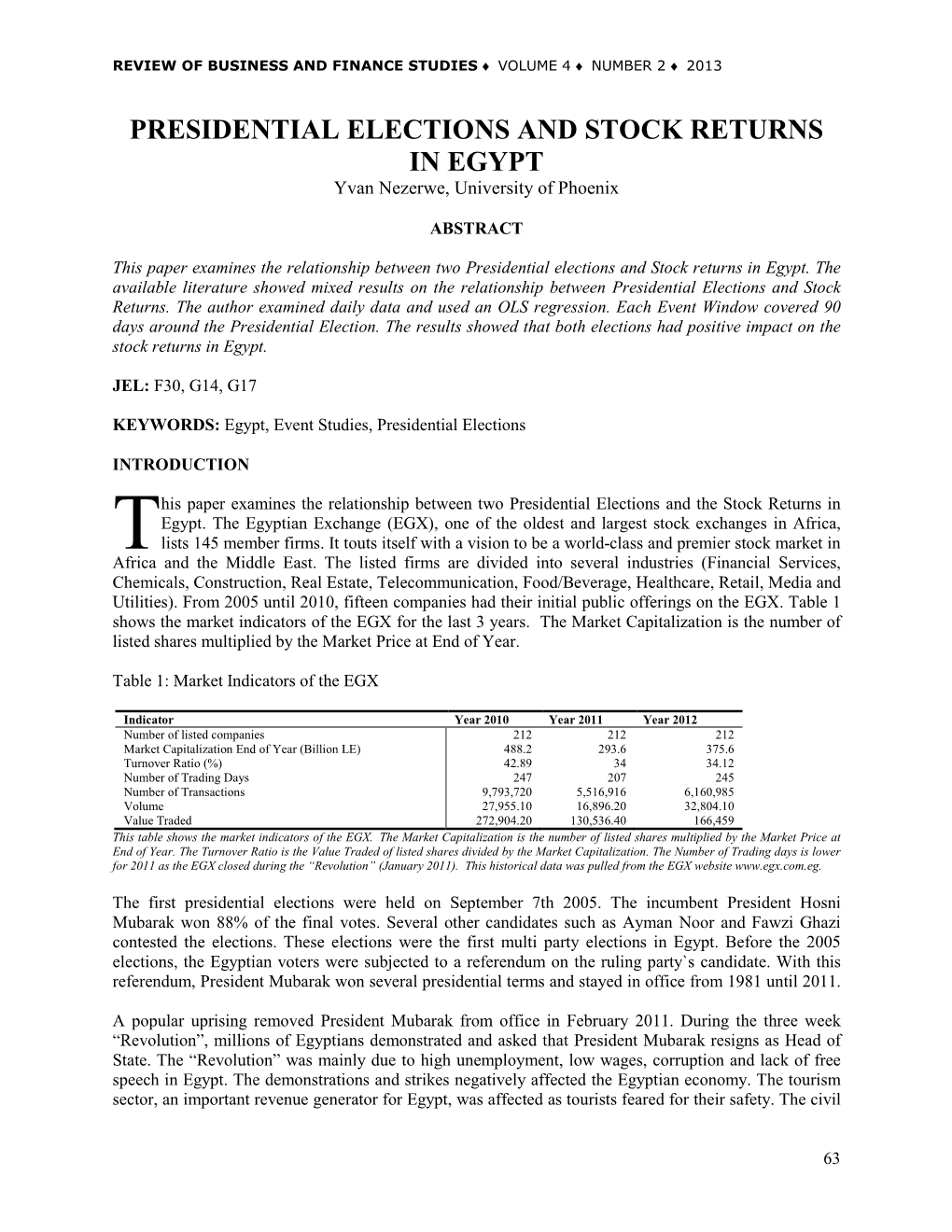 PRESIDENTIAL ELECTIONS and STOCK RETURNS in EGYPT Yvan Nezerwe, University of Phoenix