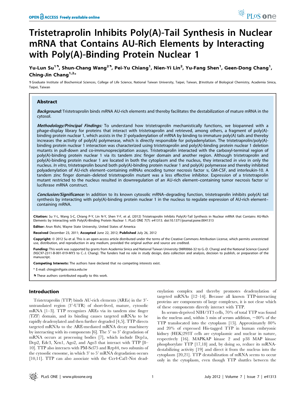 Tail Synthesis in Nuclear Mrna That Contains AU-Rich Elements by Interacting with Poly(A)-Binding Protein Nuclear 1