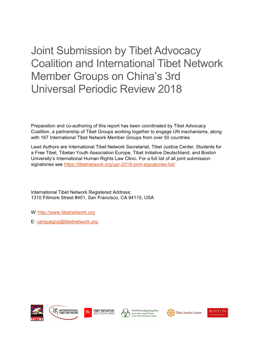 Joint Submission by Tibet Advocacy Coalition and International Tibet Network Member Groups on China’S 3Rd Universal Periodic Review 2018