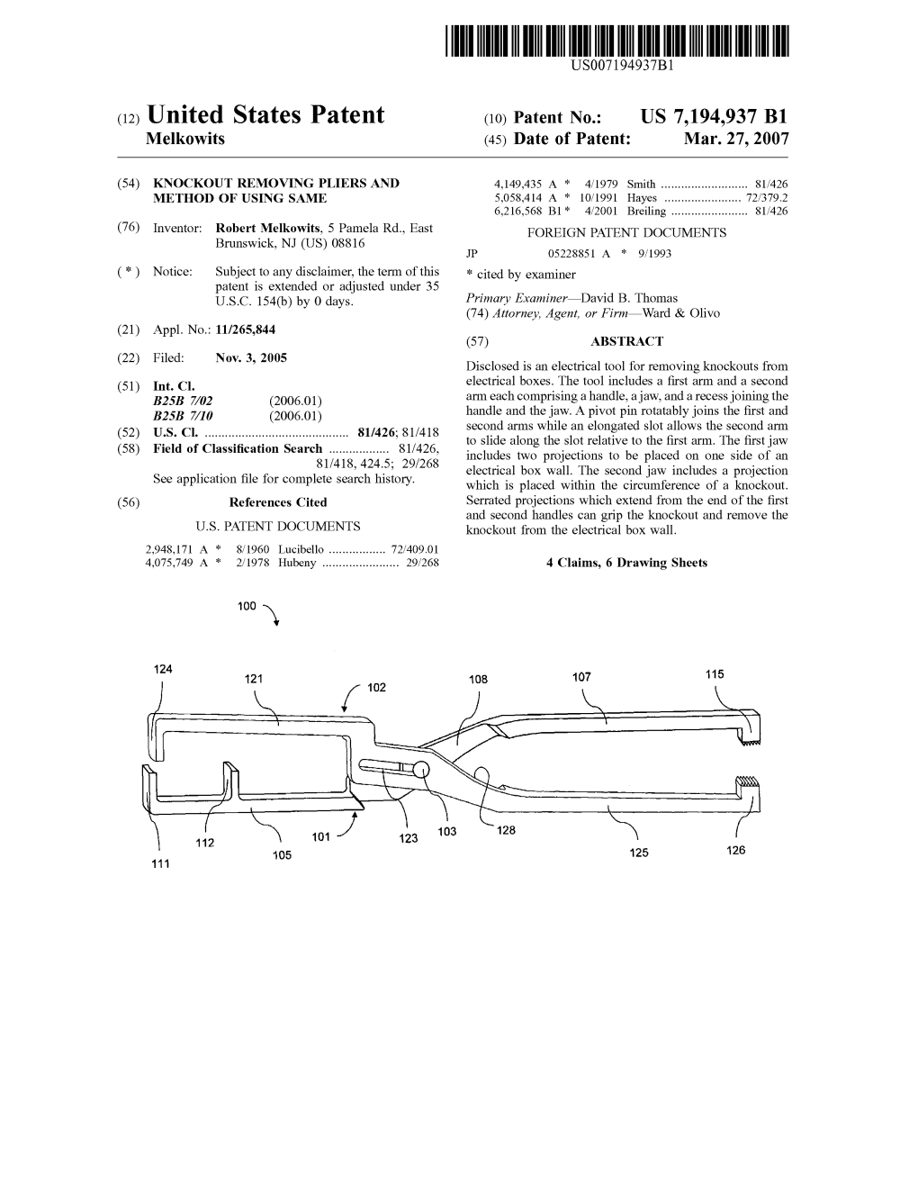 United States Patent (10) Patent N0.: US 7,194,937 B1 Melkowits (45) Date of Patent: Mar