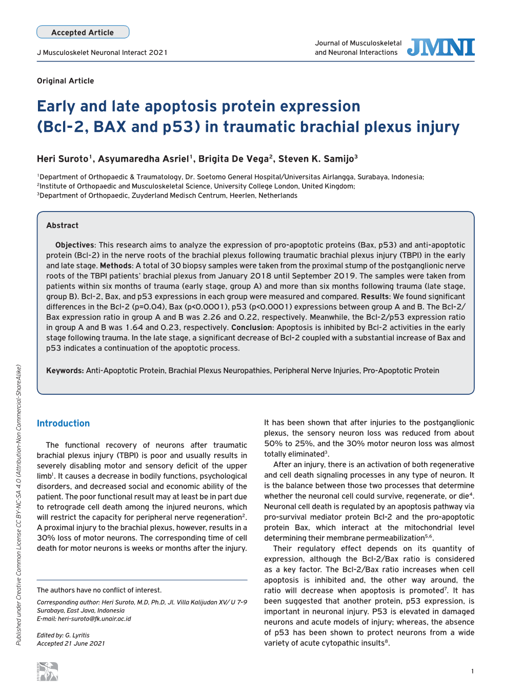 Early and Late Apoptosis Protein Expression (Bcl-2, BAX and P53) in Traumatic Brachial Plexus Injury