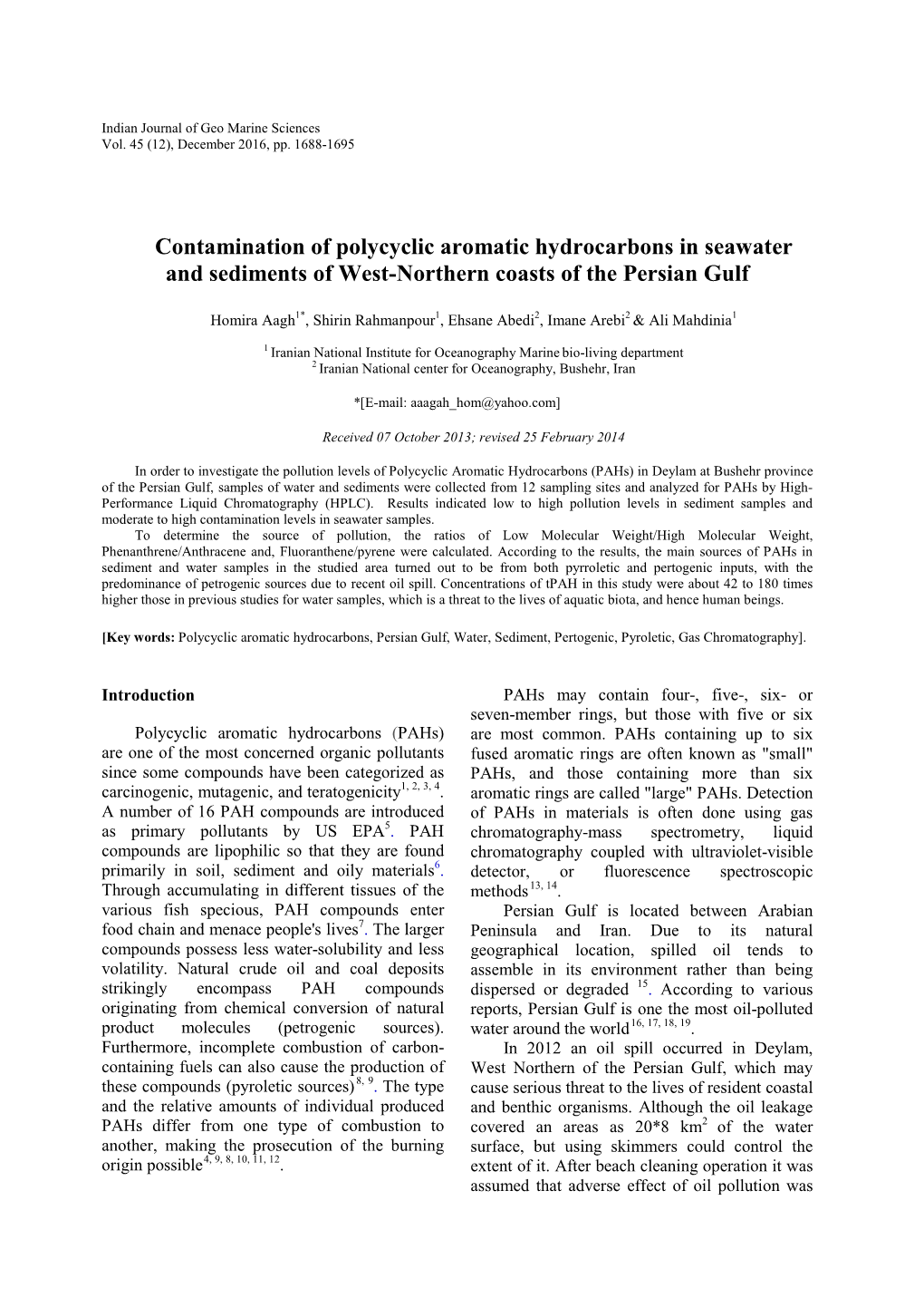 Contamination of Polycyclic Aromatic Hydrocarbons in Seawater and Sediments of West-Northern Coasts of the Persian Gulf