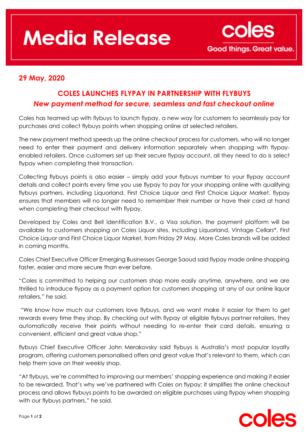 29 May, 2020 COLES LAUNCHES FLYPAY in PARTNERSHIP WITH