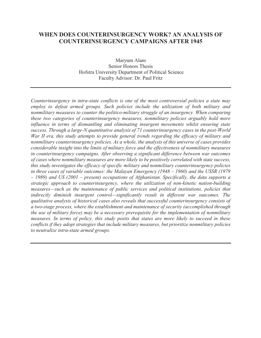 An Analysis of Counterinsurgency Campaigns After 1945