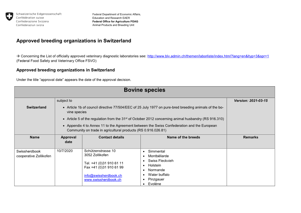 Approved Breeding Organizations in Switzerland