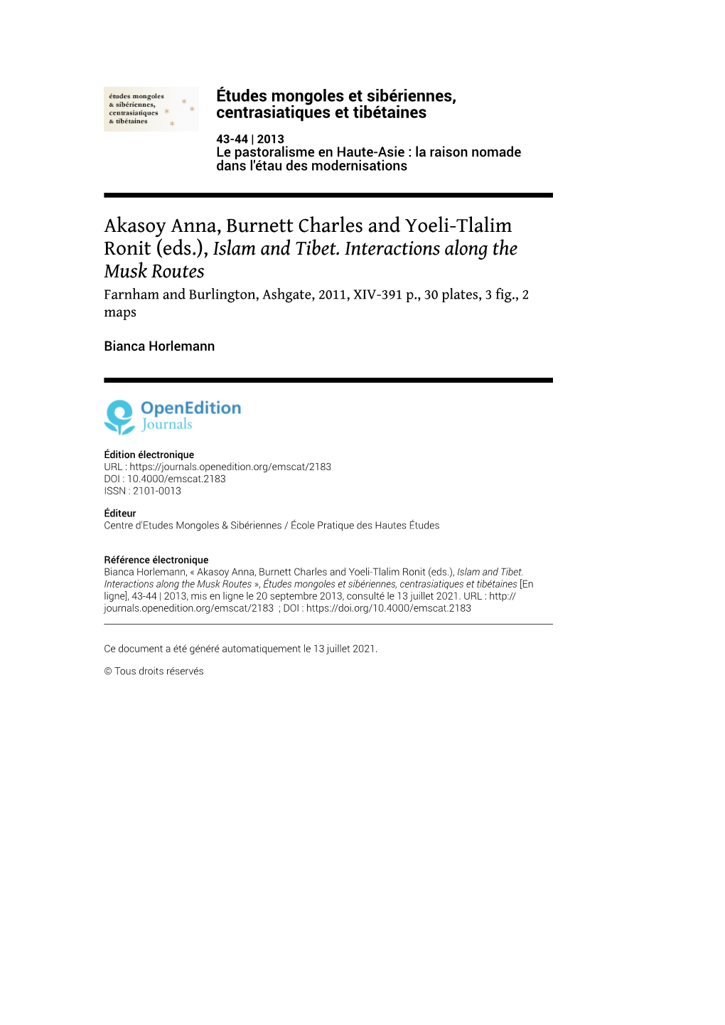 Études Mongoles Et Sibériennes, Centrasiatiques Et Tibétaines, 43-44 | 2013 Akasoy Anna, Burnett Charles and Yoeli-Tlalim Ronit (Eds.), Islam and Tibet