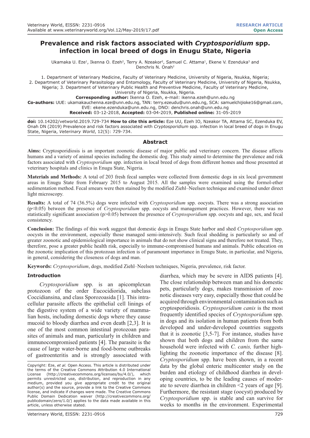 Prevalence and Risk Factors Associated with Cryptosporidium Spp. Infection in Local Breed of Dogs in Enugu State, Nigeria