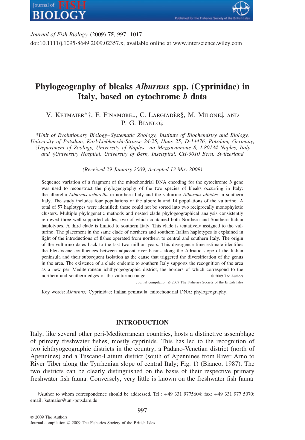 Phylogeography of Bleaks Alburnus Spp. (Cyprinidae) in Italy, Based on Cytochrome B Data