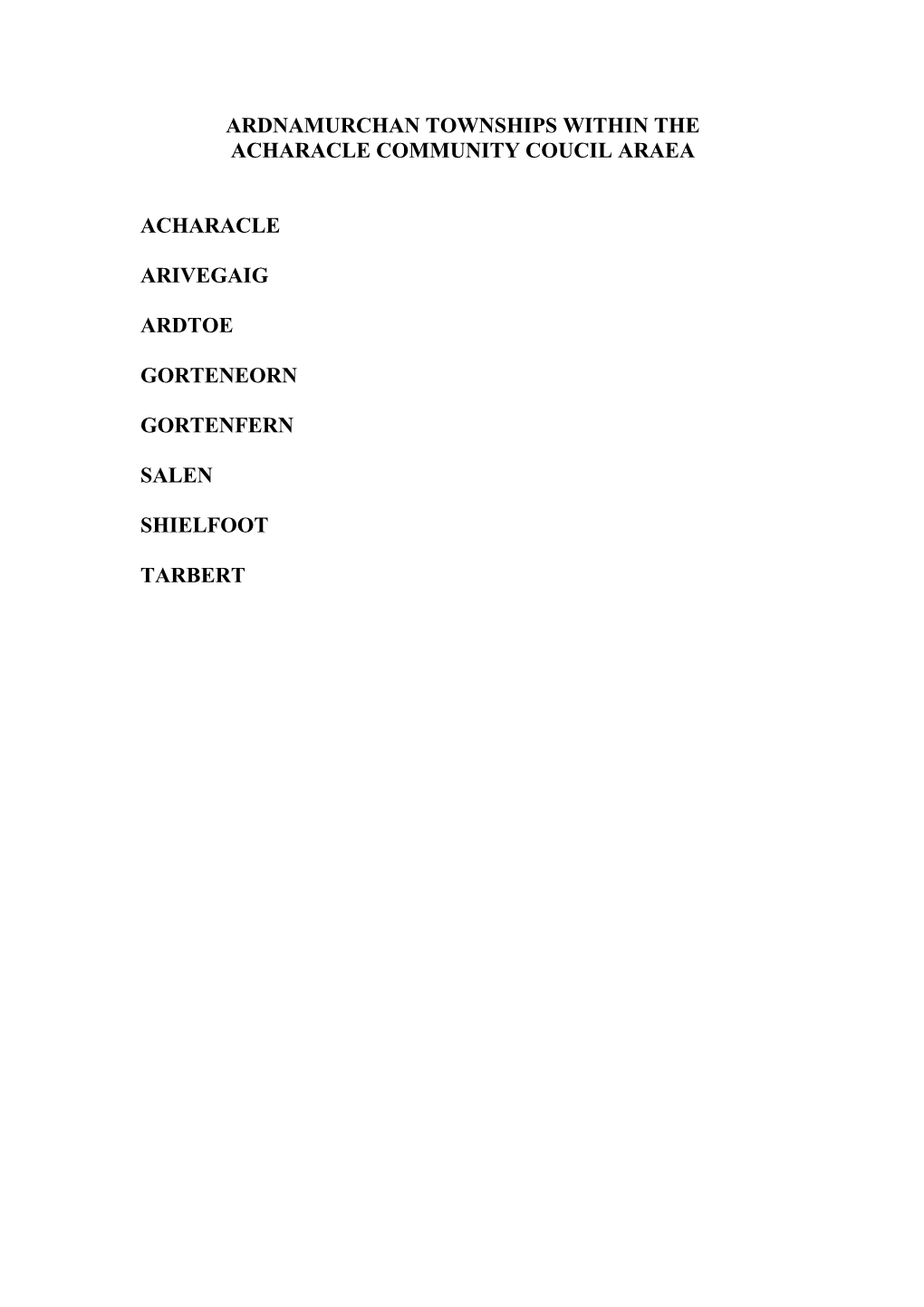 Ardnamurchan Township Placenames Within the Acharacle Area Anatomie