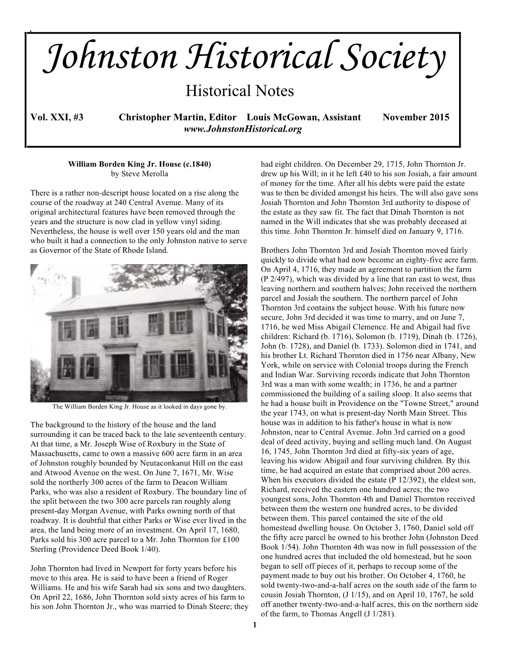 Johnston Historical Society Historical Notes