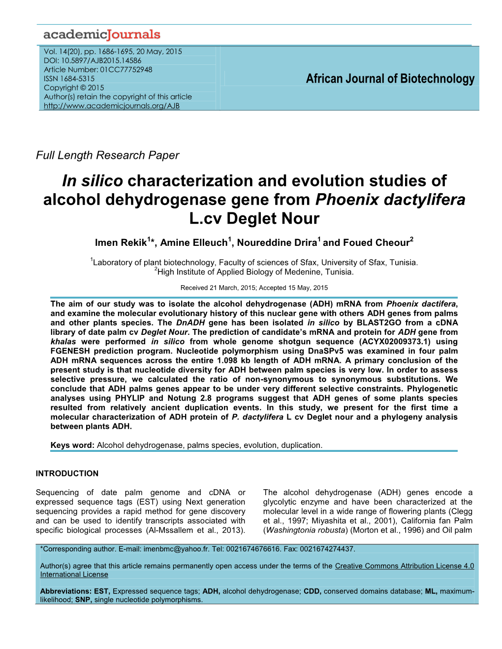 In Silico Characterization and Evolution Studies of Alcohol Dehydrogenase Gene from Phoenix Dactylifera L.Cv Deglet Nour