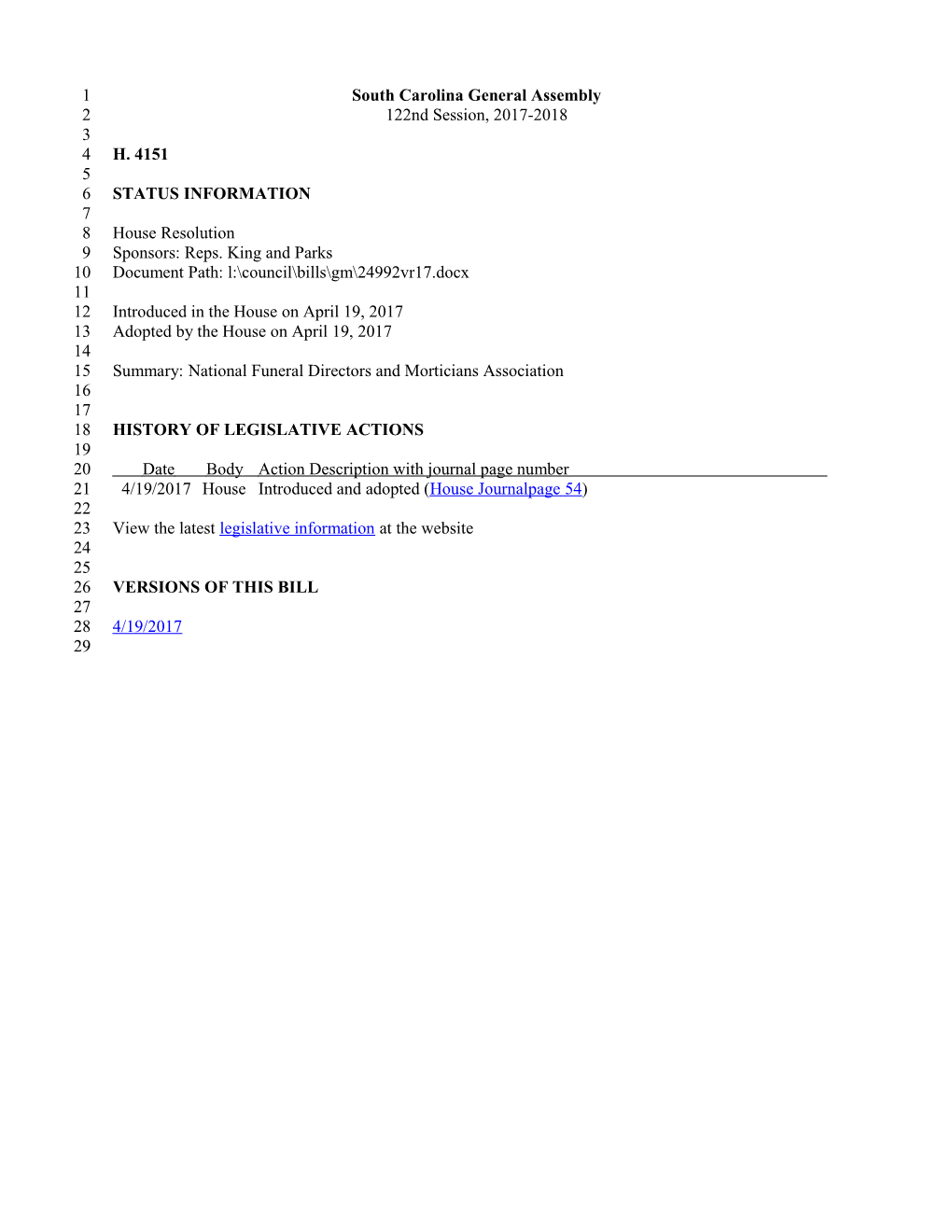 2017-2018 Bill 4151: National Funeral Directors and Morticians Association - South Carolina