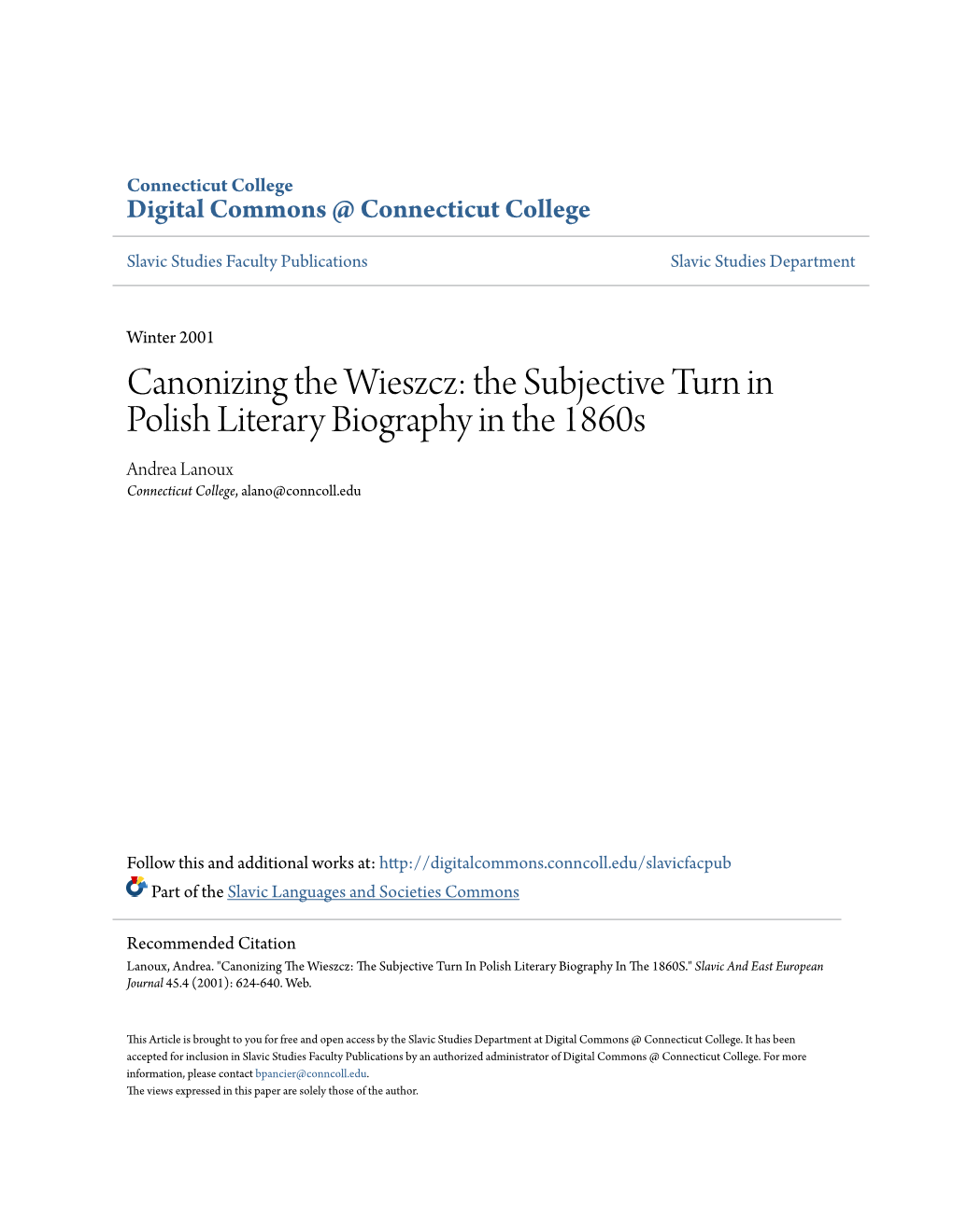 The Subjective Turn in Polish Literary Biography in the 1860S Andrea Lanoux Connecticut College, Alano@Conncoll.Edu