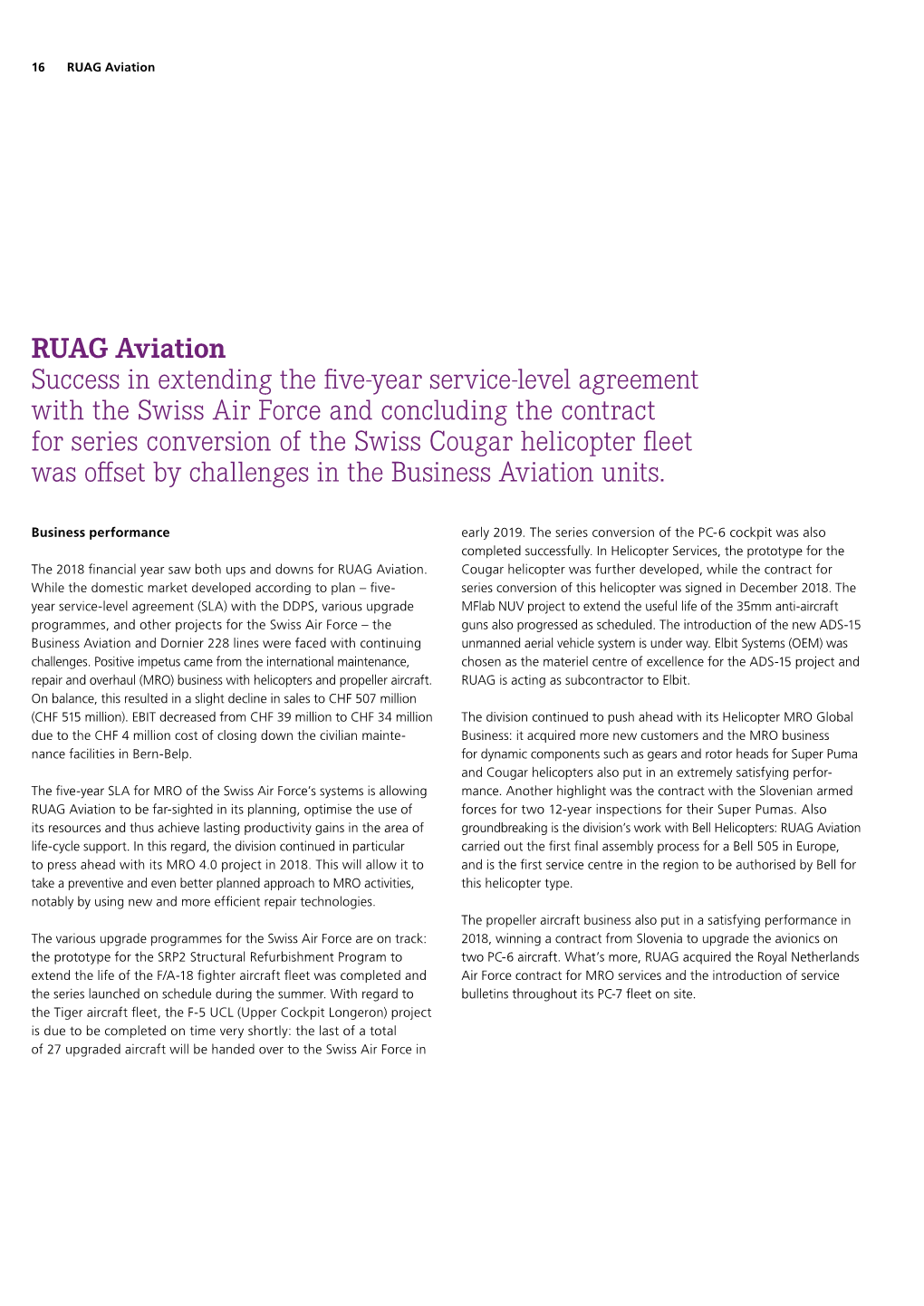 RUAG Aviation Success in Extending the Five-Year Service-Level