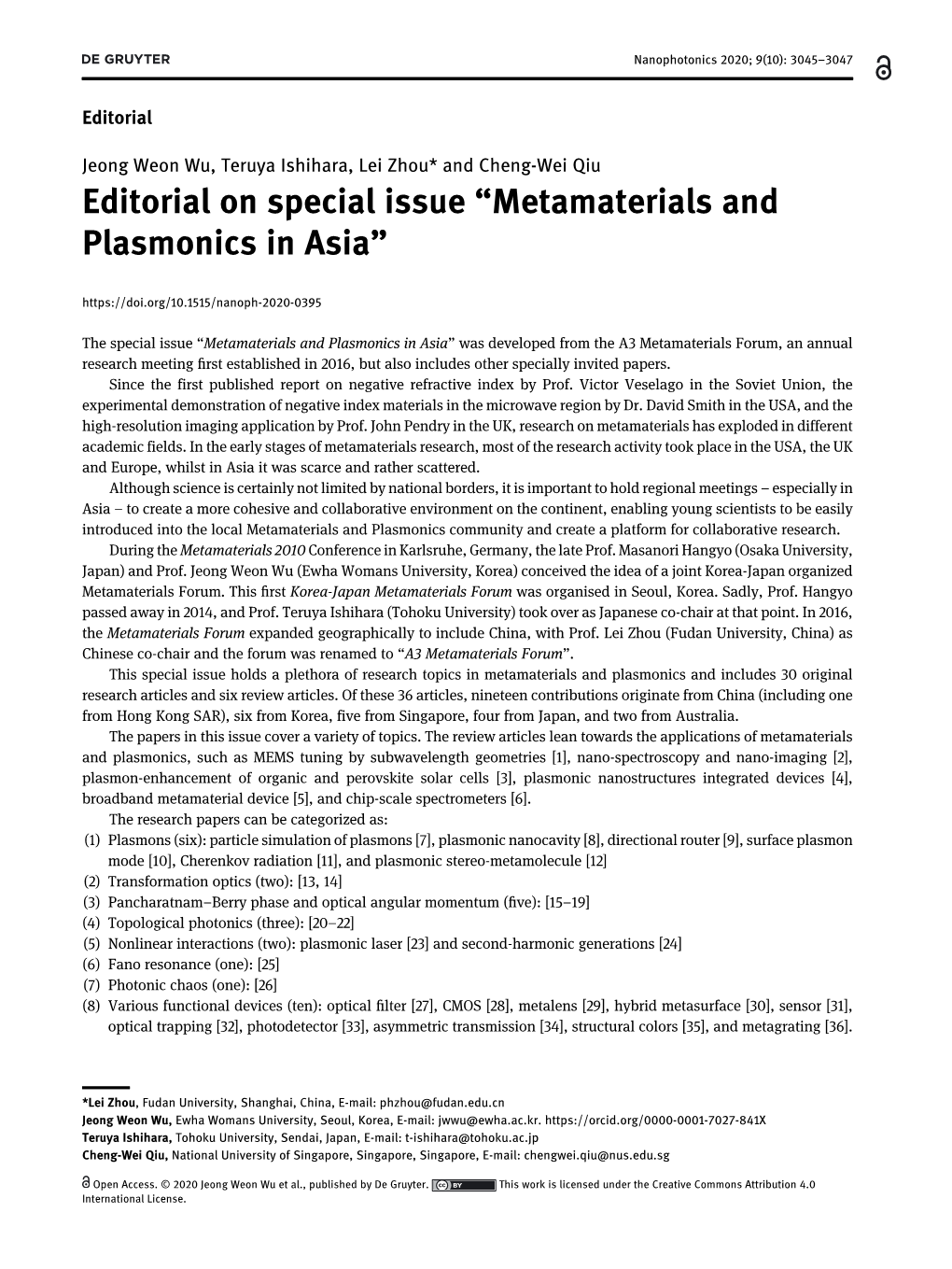 Editorial on Special Issue “Metamaterials and Plasmonics in Asia”