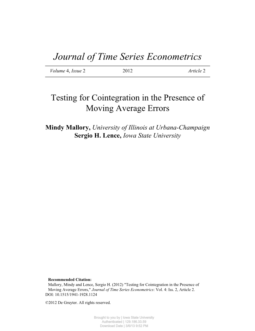 2 Testing for Cointegration Using the Johansen Tests