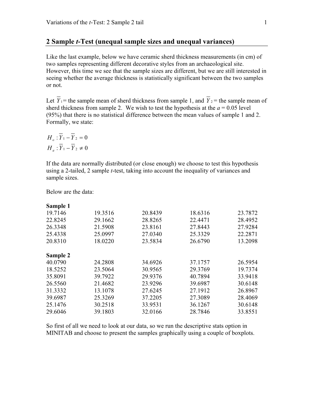 Sample 1, and Y 2 = the Sample Mean of Sherd Thickness from Sample 2