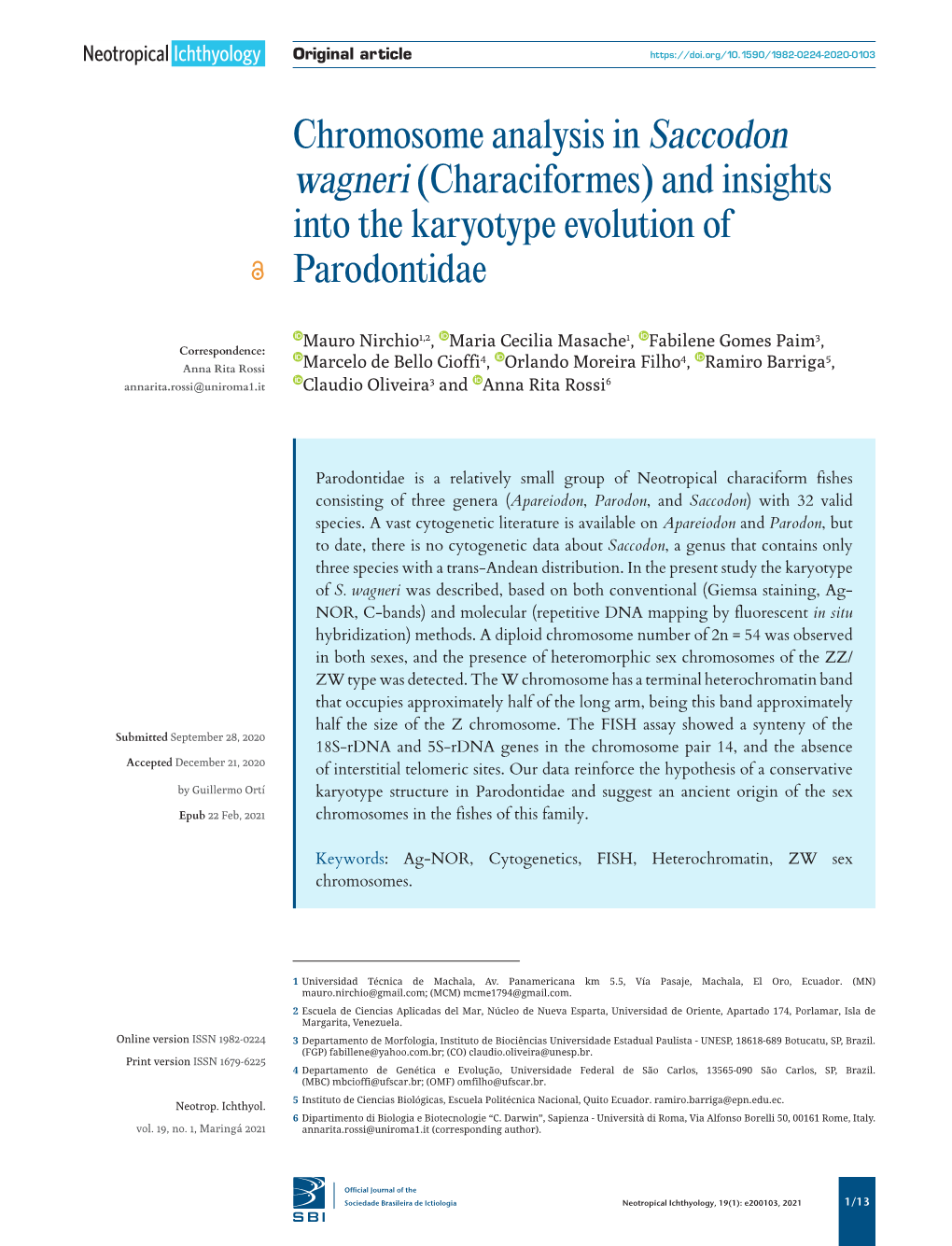 Chromosome Analysis in Saccodon Wagneri (Characiformes) and Insights Into the Karyotype Evolution of Parodontidae