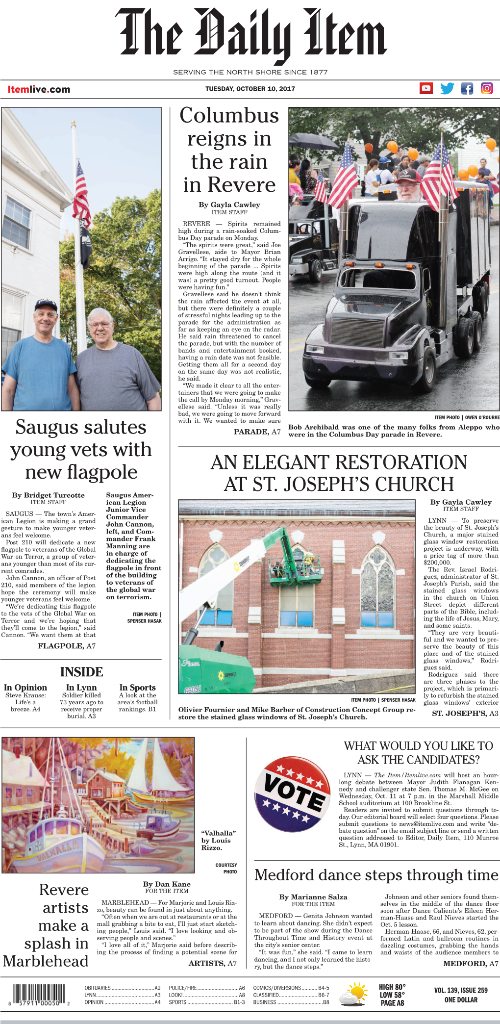 Columbus Reigns in the Rain in Revere by Gayla Cawley ITEM STAFF REVERE — Spirits Remained High During a Rain-Soaked Colum- Bus Day Parade on Monday